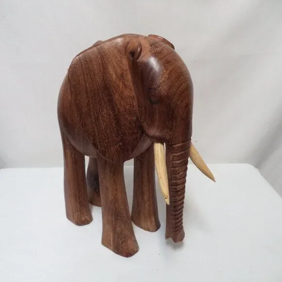 Elephant Wood Hand Carved Figurine Statue brown w/ Tusks Trunk 11" x 8.5" Decor - Picture 1 of 13